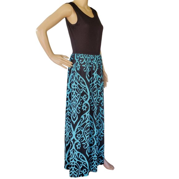 Boho T Shirt Maxi Dress Women's M Teal Black Stretch Knit Pockets Sleeveless - Picture 2 of 12